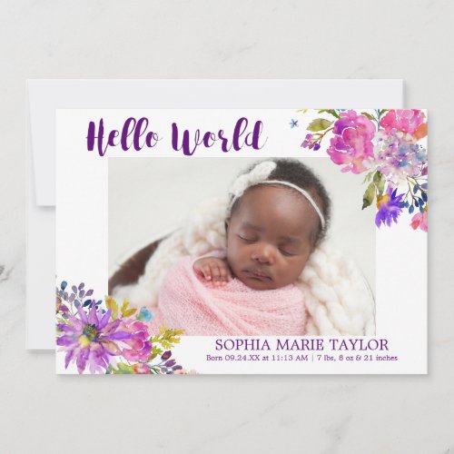 Purple Pink  Blue Flower Photo Birth Announcement