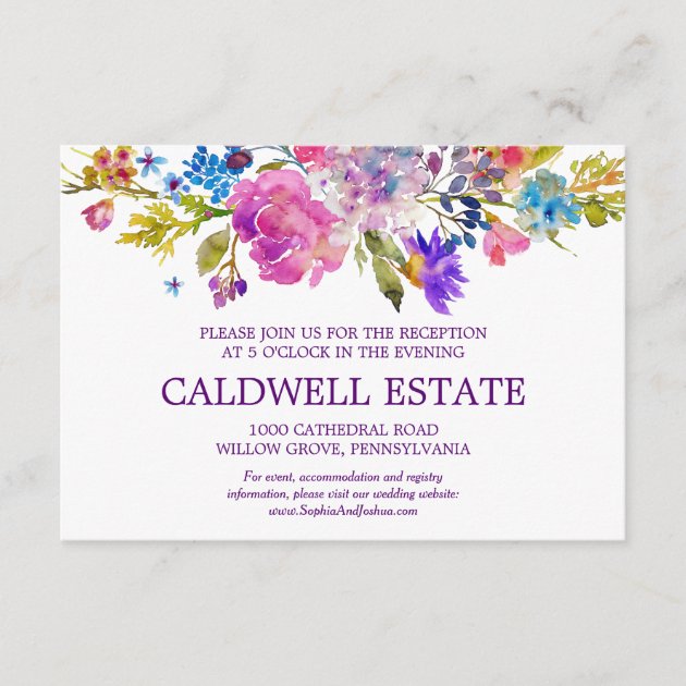Purple Pink & Blue Flower Wedding Reception Card