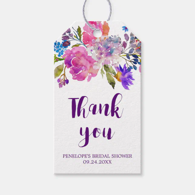 Purple Pink & Blue Flowers Bridal Shower Thank You Gift Tags | Zazzle