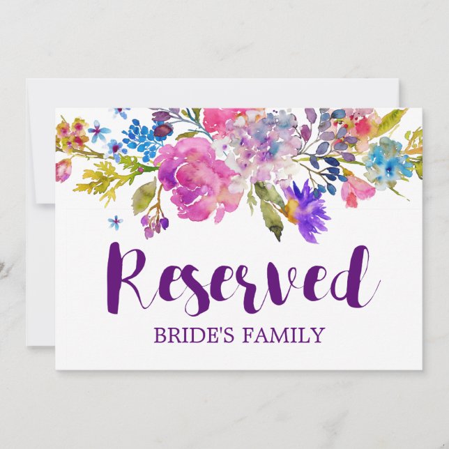 Purple Pink & Blue Flowers Wedding "Reserved" Sign Invitation (Front)