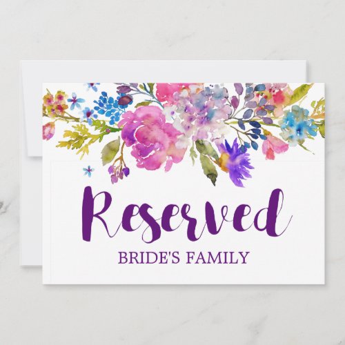 Purple Pink  Blue Flowers Wedding Reserved Sign Invitation