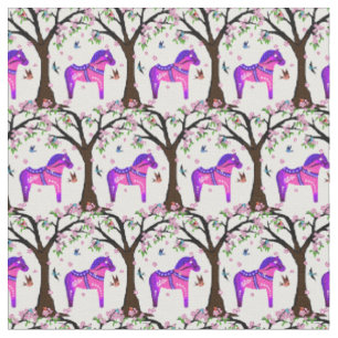 Purple/pink/blue Folk Dala horse/ birds/flowers Fabric