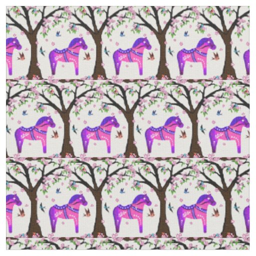 Purple/pink/blue Folk Dala horse/ birds/flowers Fabric