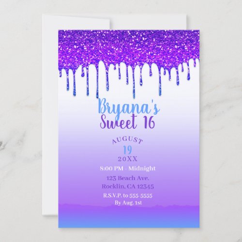 Purple Pink  Blue Glitter Drip Sweet 16 Party Invitation