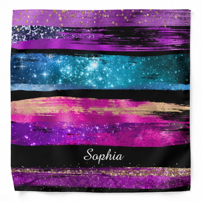 Purple Pink Blue Glitter Stars Brush Strokes Name Bandana (Front)
