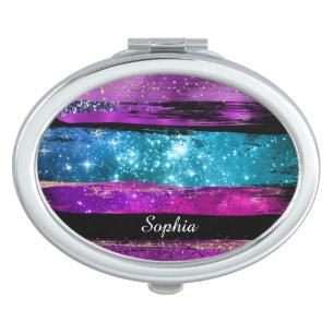Purple Pink Blue Glitter Stars Brush Strokes Name Compact Mirror