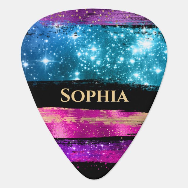 Purple Pink Blue Glitter Stars Brush Strokes, Name Guitar Pick (Front)