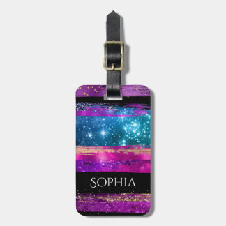 Purple Pink Blue Glitter Stars Brush Strokes Name Luggage Tag