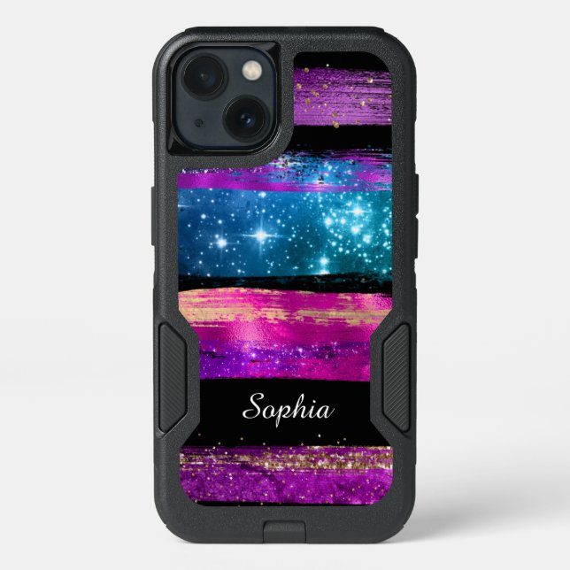Purple Pink Blue Glitter Stars Brush Strokes Name Otterbox iPhone Case (Back)