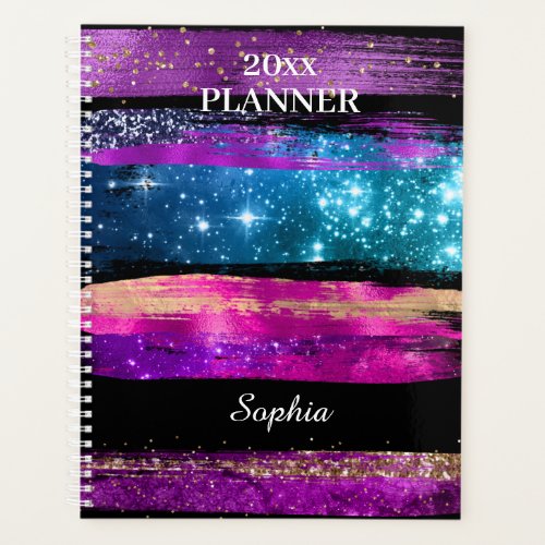 Purple Pink Blue Glitter Stars Brush Strokes Name Planner