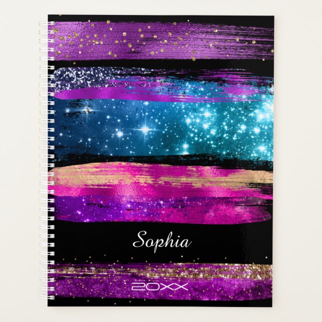 Purple Pink Blue Glitter Stars Brush Strokes Name Planner (Front)