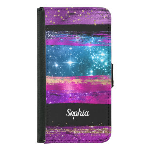 Purple Pink Blue Glitter Stars Brush Strokes, Name Samsung Galaxy S5 Wallet Case