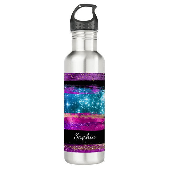 Purple Pink Blue Glitter Stars Brush Strokes Name Stainless Steel Water Bottle (Front)
