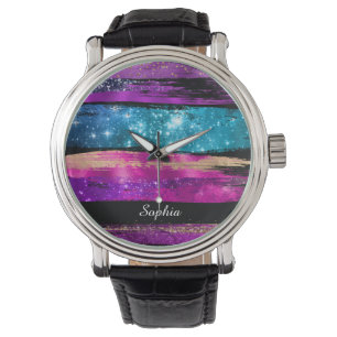 Purple Pink Blue Glitter Stars Brush Strokes Name Watch