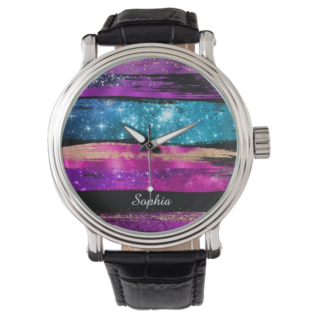 Purple Pink Blue Glitter Stars Brush Strokes Name Watch (Front)