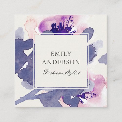 PURPLE PINK BLUE INK WASH WATERCOLOR FLORAL SQUARE BUSINESS CARD