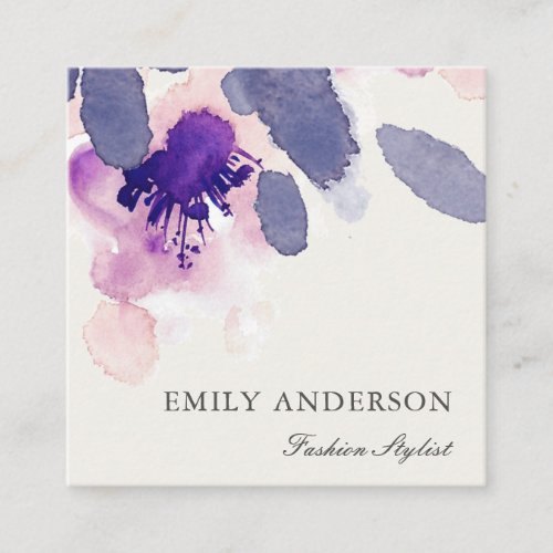 PURPLE PINK BLUE INK WASH WATERCOLOR FLORAL SQUARE BUSINESS CARD