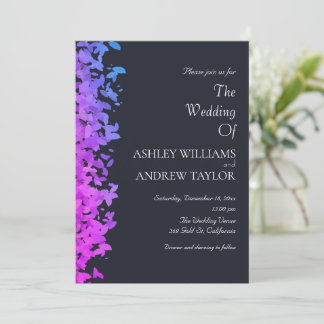 Purple Pink Blue Leaf Elegant Dark Navy Wedding Invitation