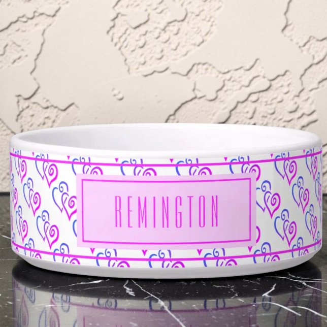 Purple Pink Blue Linked Heart Pattern Custom Bowl (Purple and blue linked heart pattern background on ceramic pet bowl with template text)