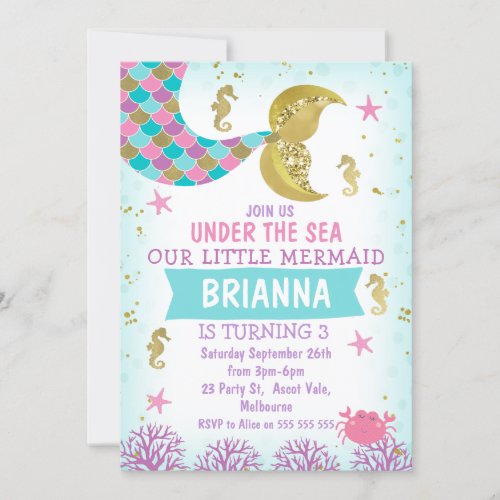 Purple Pink Blue Mermaid Tail Birthday Invitation