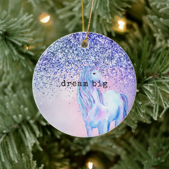 Purple Pink Blue Ombre Glitter Unicorn Ceramic Ornament (Tree)