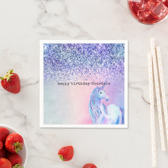Purple Pink Blue Ombre Glitter Unicorn Napkins (Insitu)