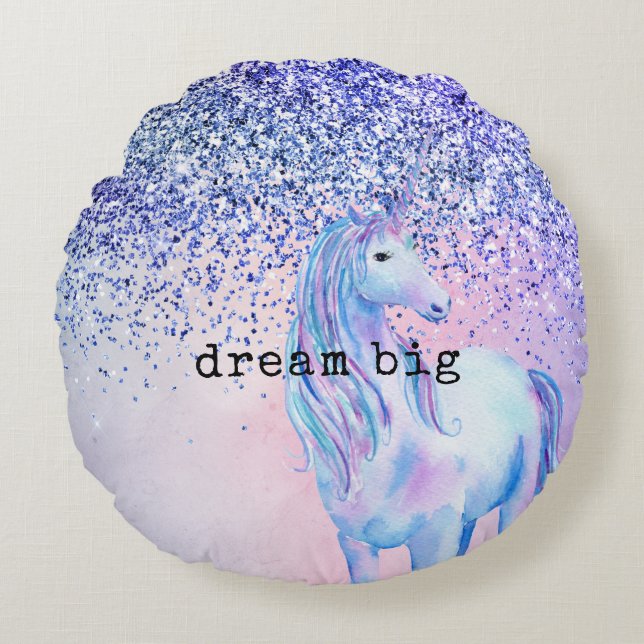 Purple Pink Blue Ombre Glitter Unicorn Round Pillow (Front)
