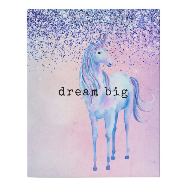 Purple Pink Blue Ombre Unicorn Glitter Faux Canvas Print (Front)
