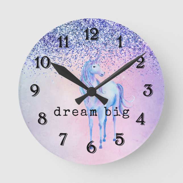 Purple Pink Blue Ombre Unicorn Glitter Round Clock (Front)
