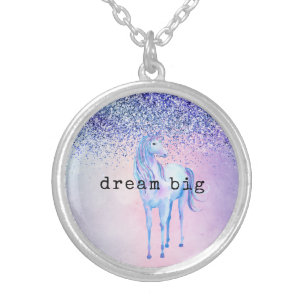 Purple Pink Blue Ombre Unicorn Glitter Silver Plated Necklace