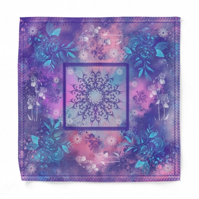 Purple Pink Blue Pattern Flowers Bandana (Front)