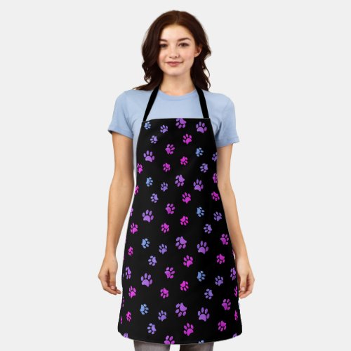 Purple Pink Blue Paw Prints Pattern Black Apron