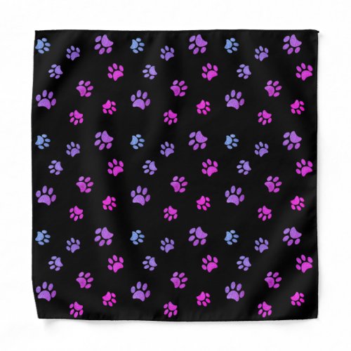 Purple Pink Blue Paw Prints Pattern Black Bandana