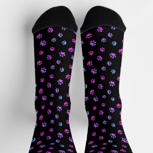 Purple Pink Blue Paw Prints Pattern Black Socks