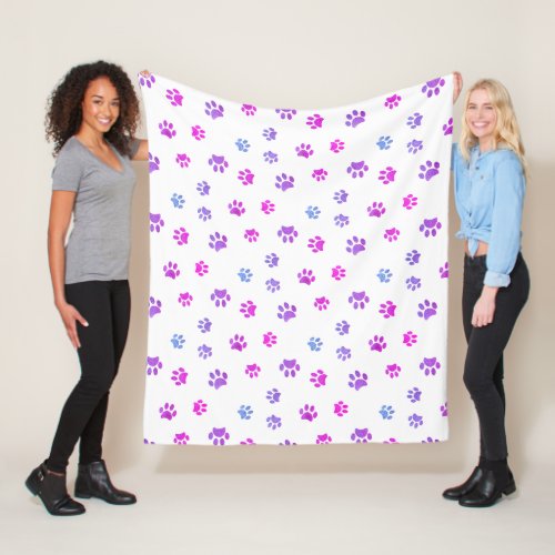 Purple Pink Blue Paw Prints Pattern Fleece Blanket