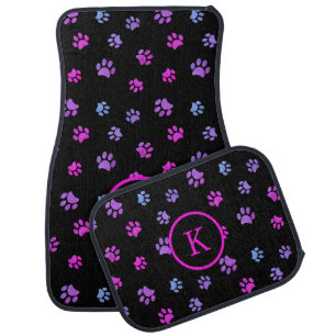 Purple Pink Blue Paw Prints Pattern Monogram Black Car Floor Mat
