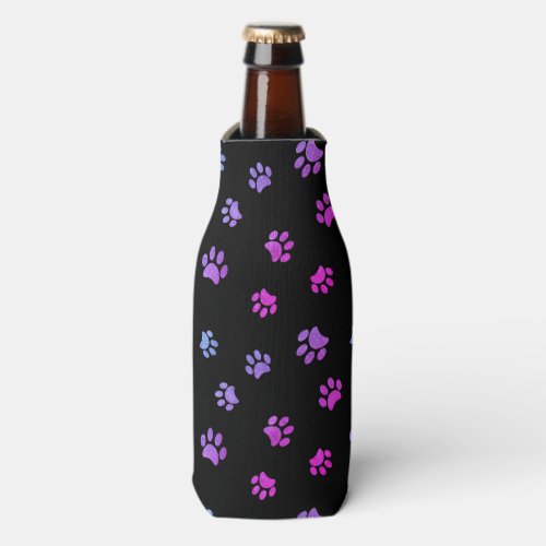 Purple Pink Blue Paw Prints Pattern on Black Bottle Cooler