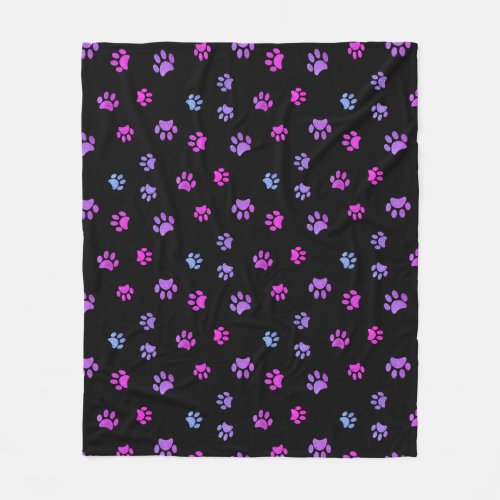 Purple Pink Blue Paw Prints Pattern on Black Fleece Blanket