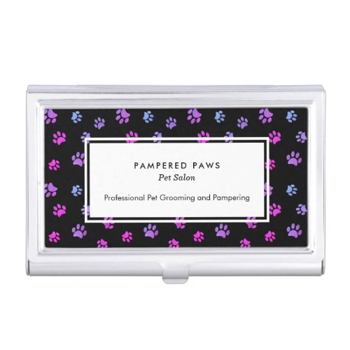 Purple Pink Blue Paw Prints Professional Pet Salon Business Card Case
