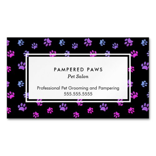 Purple Pink Blue Paw Prints Professional Pet Salon Business Card Magnet