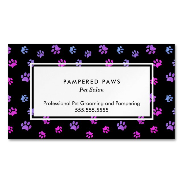 Purple Pink Blue Paw Prints Professional Pet Salon Business Card Magnet (Front)