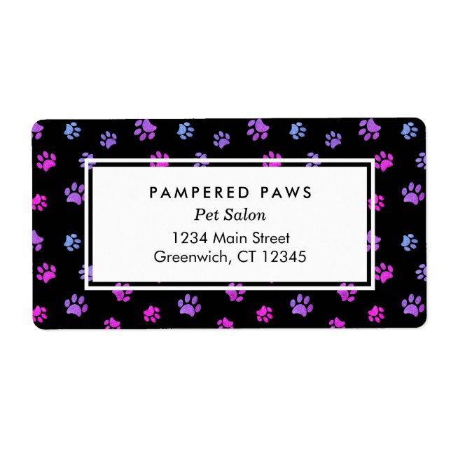 Purple Pink Blue Paw Prints Professional Pet Salon Label (Front)