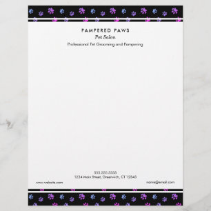 Purple Pink Blue Paw Prints Professional Pet Salon Letterhead