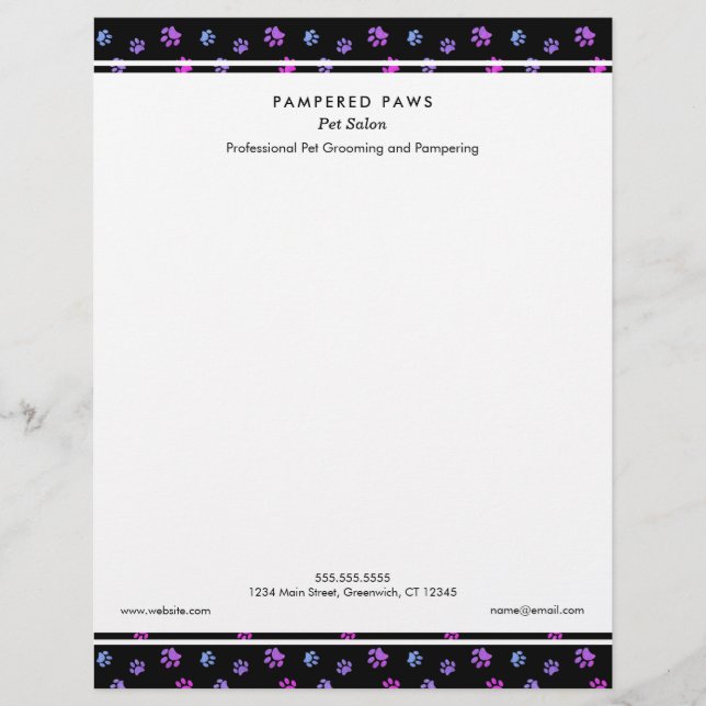 Purple Pink Blue Paw Prints Professional Pet Salon Letterhead (Front)