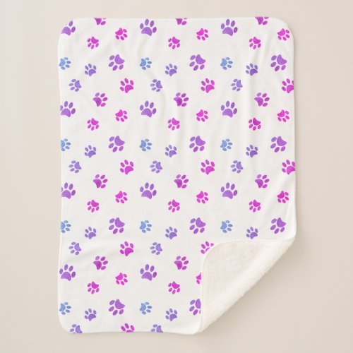 Purple Pink Blue Paw Prints Sherpa Blanket