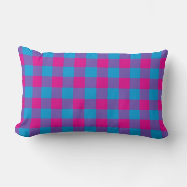 Purple Pink Blue Plaid Checker Pattern Lumbar Pillow (Front)