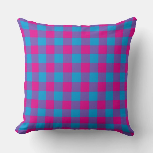 Purple Pink Blue Plaid Checker Pattern Throw Pillow (Front)