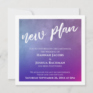 Purple Pink & Blue Postponed Wedding New Plan Card