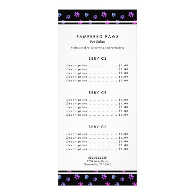 Purple Pink Blue Professional Pet Salon Service Rack Card (Front)