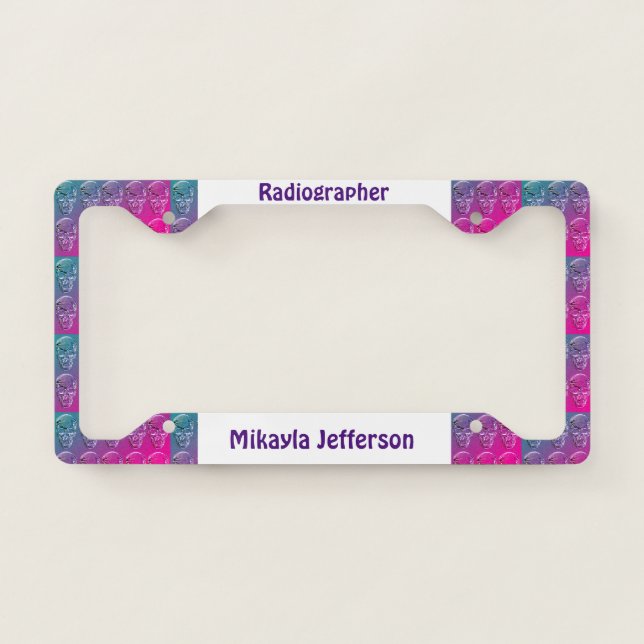 Purple, Pink,  Blue Skulls Radiographer License Plate Frame (Front)